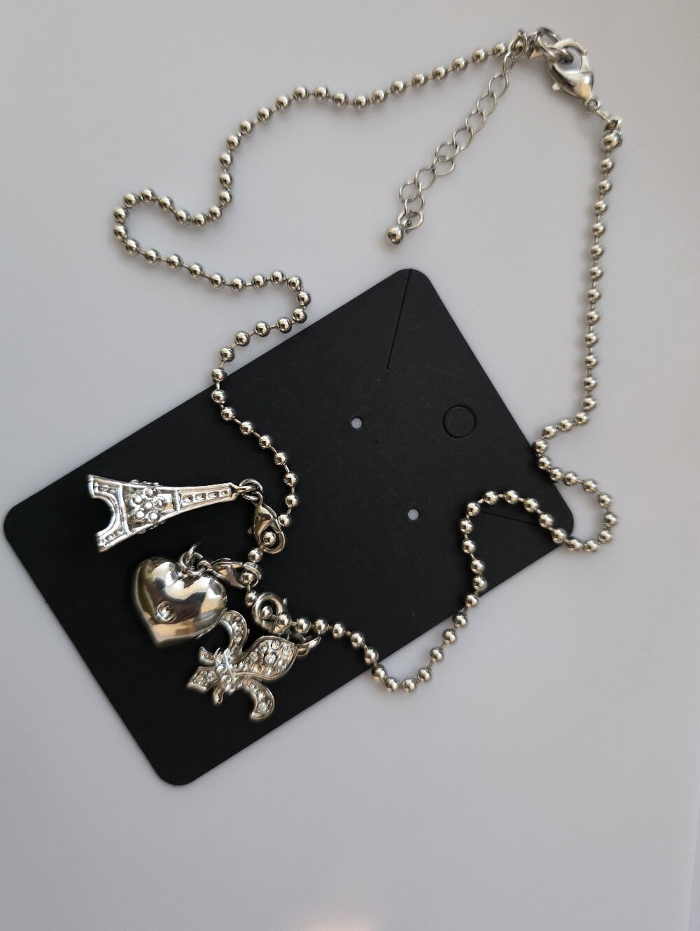 $20/2 Silver-Tone Ball Chain Charm (Eiffel Tower, Heart, Fleur-de-lis) Necklace